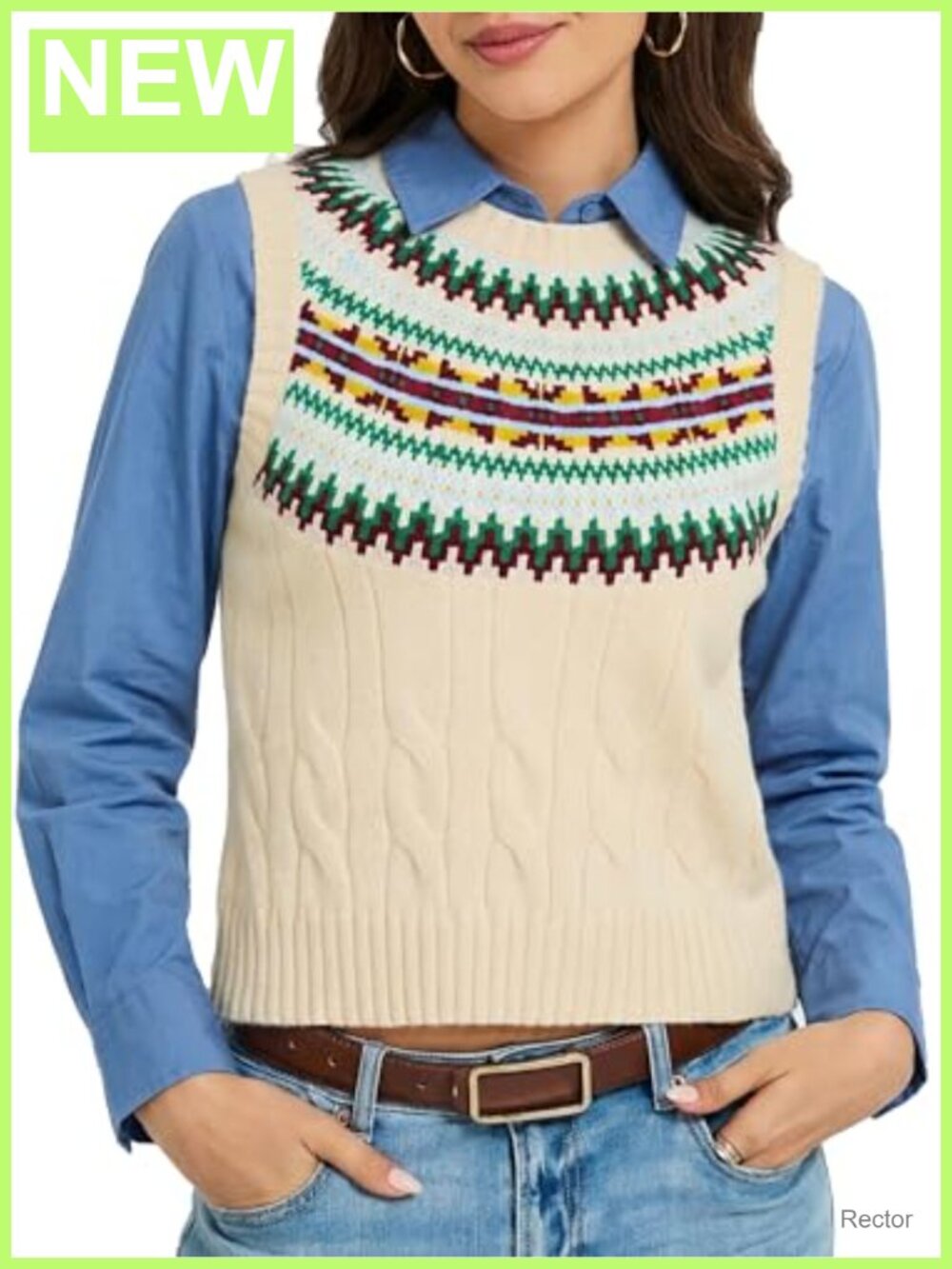 Cable Knit Cropped Sweater Vest Sleeveless Fair Isle Knit Top